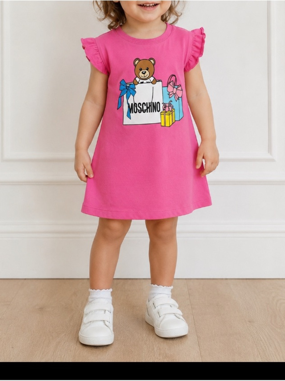 Moschino Hot Pink Teddy Graphic Ruffle Sleeve Kids Dress